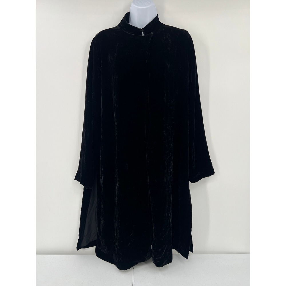 Eileen Fisher Black Silk Blend Velvet Mandarin Collar Petite Large Open Cardigan